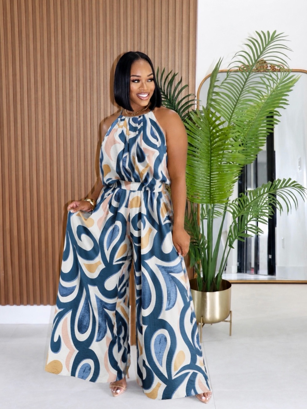 NWT Halter Wide-Leg Two-Piece Set in Blue, Cream & Tan Swirl
